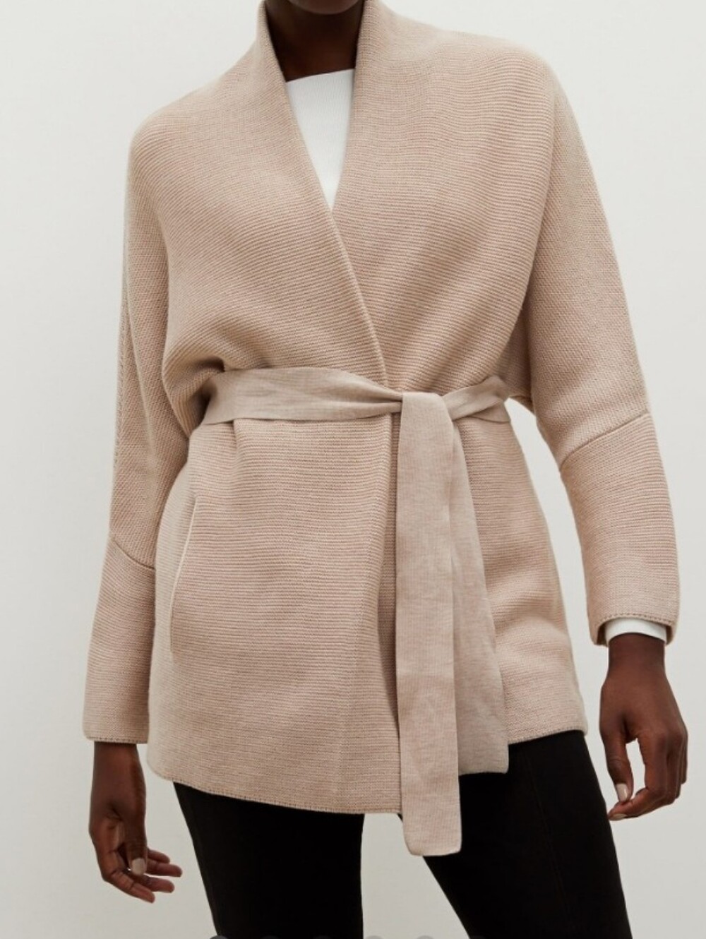 MM Lafleur Merino Wool Tan Belted Shawl-Collar Cardigan Jacket Size XS/S Oversiz